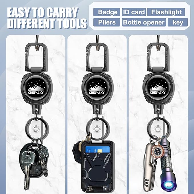 2 Pack Tactical ID Badge Reels, Cheimaxy Heavy Duty Carabiner Retractable Badge Holder, ID Card Holder, Retractable Keychain with 30IN Wire Rope, 8 OZ Weight Capacity