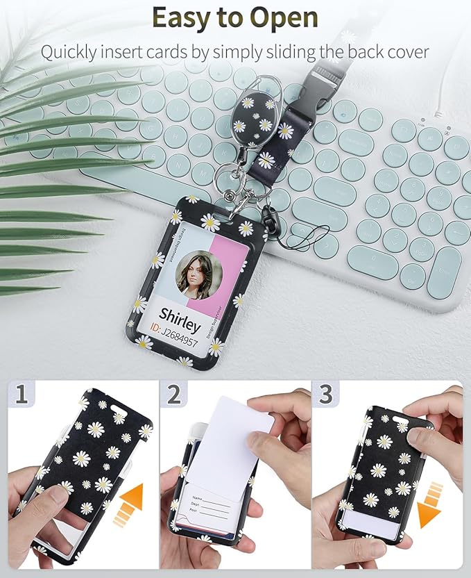 Uniclife Floral Sliding Badge Holder White Flower Plastic Case with Retractable Badge Reel Carabiner Clip & Detachable Lanyard Strap Fashionable Vertical Card Protector for Women Nurse Teacher Student