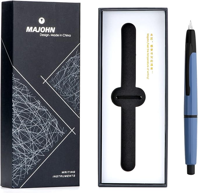 Majohn A2 Press Fountain Pen Extra Fine Nib with Box, Retractable Blue Resin Ink Pen with Converter Writing Set (Black Clip Version)