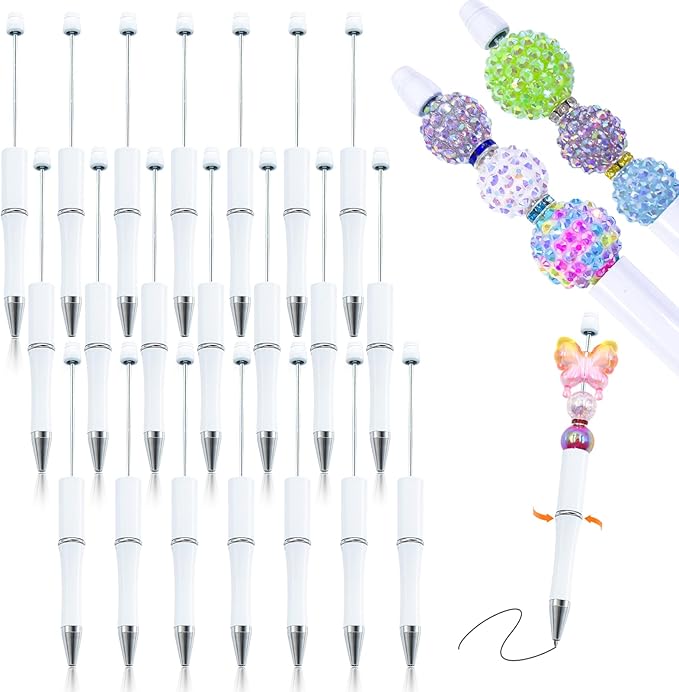15 Pieces Beadable Pens - Beaded Pens Plastic Diy Black Ink Ballpoint Pens Bulk - Bead Pens Suitable For Teacher, Students, Office, School, Graduation Gift Supplies(White)