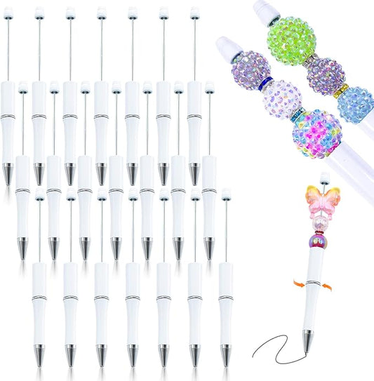 15 Pieces Beadable Pens - Beaded Pens Plastic Diy Black Ink Ballpoint Pens Bulk - Bead Pens Suitable For Teacher, Students, Office, School, Graduation Gift Supplies(White)