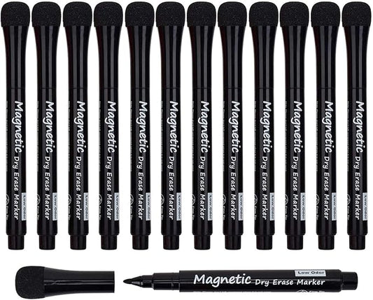 Magnetic Dry Erase Markers - Fine Tip, Black Color, 12 Pack, Low Odor Whiteboard Markers for Kids & School, Work On White board & Calendar, Refrigerator