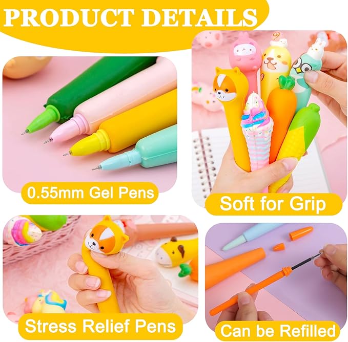 12pcs Cute Kawaii Pens For Girls Back to School Supplies Stationary Cool Pens for Teenage Girls Gifts Easter Baskets Stuffers Gifts for Tweens Girls Stress Relief Gel Ink Pens