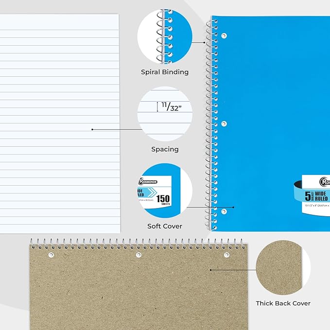 1440 Packs (Pallet) 5 Subject Notebooks, Spiral Notebook Bulk, Wide Ruled, Pallet of Notebooks, 150 Sheets (300 pages), 8 x 10-1/2",Bulk Spiral Notebooks for School & Office, 4-7 Days Transit