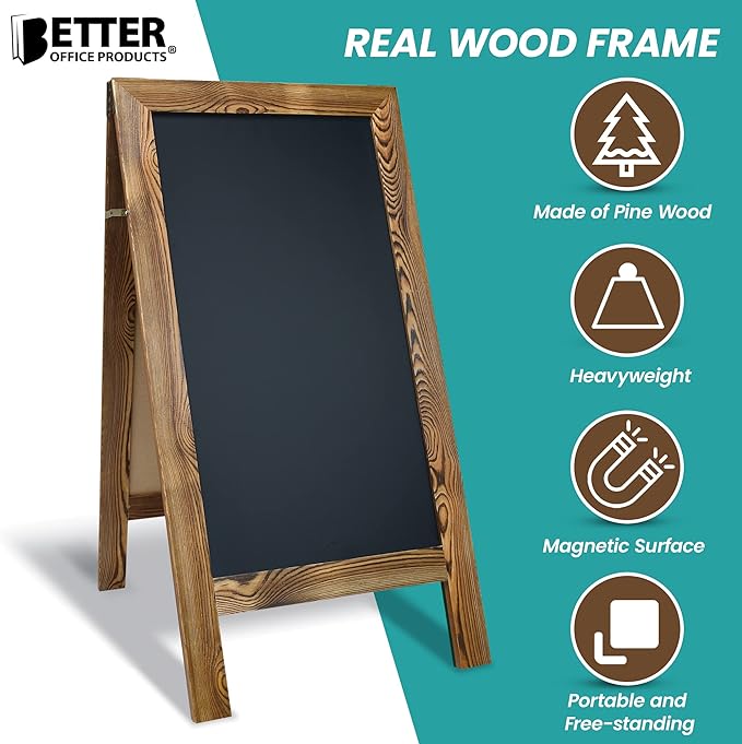 Better Office Products Magnetic A-Frame Chalkboard Sign, Extra Large 20" x 40", Standing Chalkboard Easel, with Chalk Marker + Chalk & Eraser, Sandwich Board Outdoor Sidewalk Sign,(Rustic Brown)