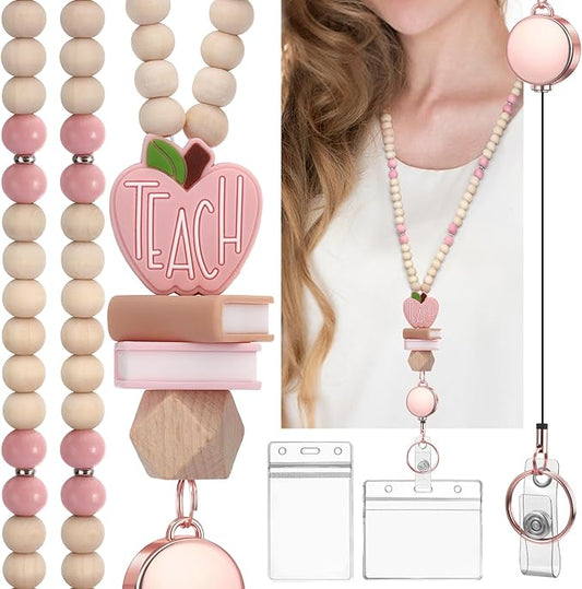 Teacher Lanyard with Id Holder, Cute Lanyards for Id Badges Keys, Retractable Natural Wooden Beaded Lanyard for Women