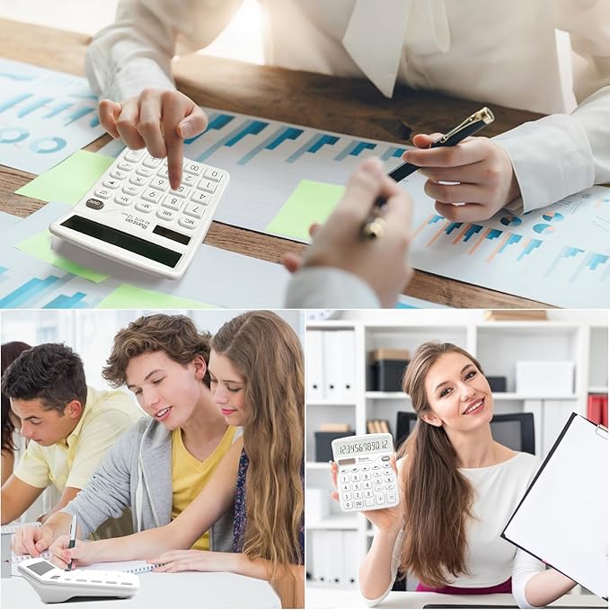 2PC White Calculator, Solar Battery Dual Power Calculator,Desktop Calculator 12 Digit with Large LCD Display, White Office Supplies with Sensitive Button, White Desk Accessories, School Supplies
