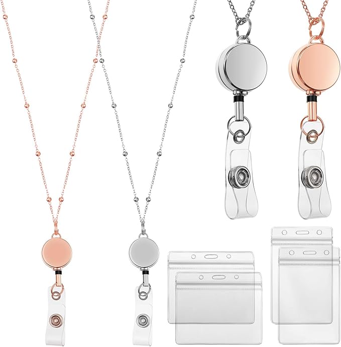 Outus 2 Pieces Badge Lanyard with ID Holders Stainless Steel Badge Holders Necklace Retractable Reel Clip Chain Water Resistant Name(Rose Gold, Silver)
