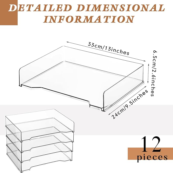 12 Pcs Stackable Letter Tray Rectangular Plastic Desk Organizer 13 x 9.5 x 2.6 in Paper Holder File Tray Accessories Rack for Desktop Office Desk Drawers (Clear)