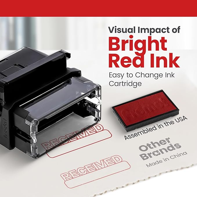 Promot Received Self Inking Rubber Stamp - Refillable Received Stamper - Business, Bookkeeping, Ordering, Accounting, Work, Office Stamps - Red Ink