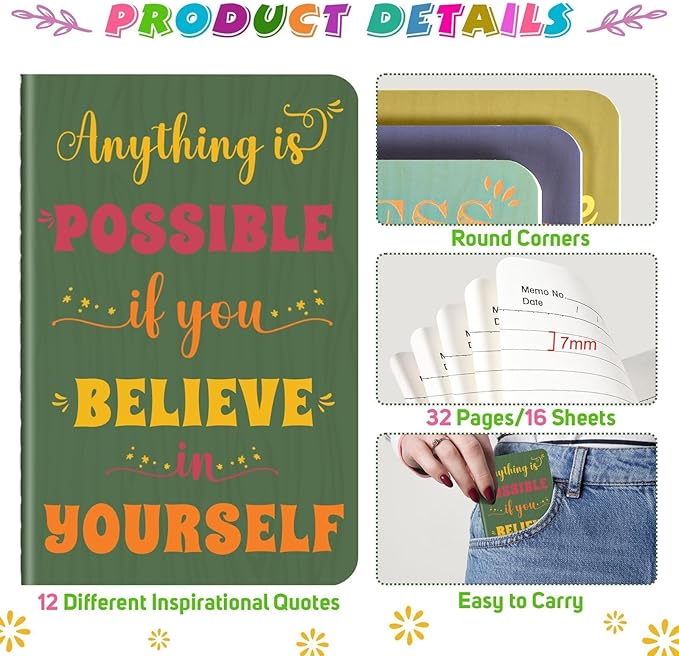 12 Pcs Mini Inspirational Notebooks Bulk with 12 Pcs Colorful Pens, Small Pocket Journal Notepads Set, Motivational Bulk Gifts for Women Men Teacher Student Kids,Fun School Office Supplies,3.5"x5.5"