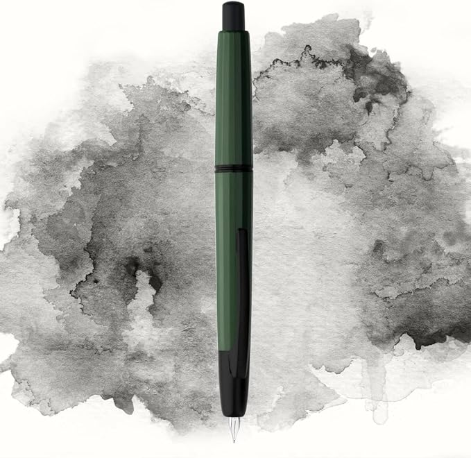 Majohn A2 Press Fountain Pen Extra Fine Nib with Box, Retractable Green Resin Ink Pen with Converter Writing Set (Black Clip Version)