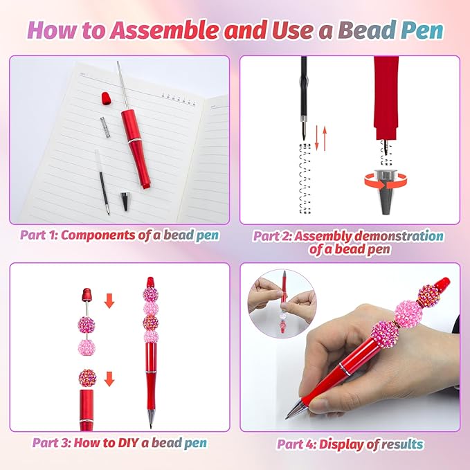 15 Pieces Beadable Pens - Beaded Pens Plastic Diy Black Ink Ballpoint Pens Bulk - Bead Pens Suitable For Teacher, Students, Office, School, Graduation Gift Supplies(Red)