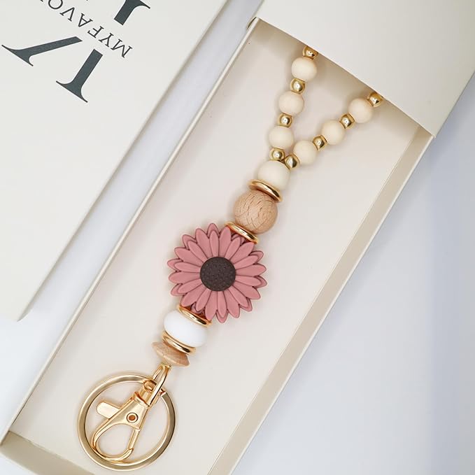 Wooden Teacher Lanyards for Id Badge Cute Flower Wood and Gold Beaded Lanyards for Women for Nurse Badge