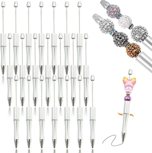 15 Pieces Beadable Pens - Beaded Pens Plastic Diy Black Ink Ballpoint Pens Bulk - Bead Pens Suitable For Teacher, Students, Office, School, Graduation Gift Supplies(Silver)