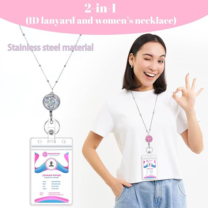 3 Pack Women Lanyards for Id Badges with 6 Pcs Id Badge Holder for Women Cruise Lanyards Stainless Steel Glitter Teacher Lanyards Necklace for Badge Holder Cruise Ship Cards