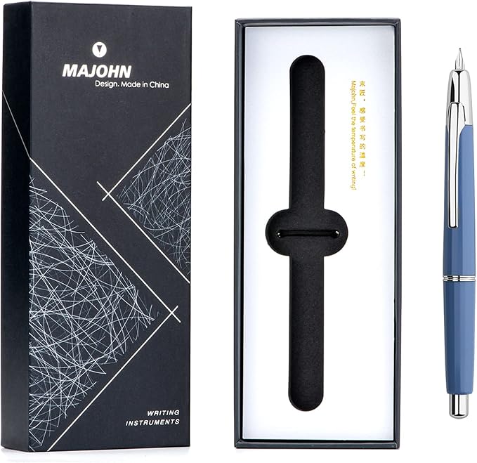 Majohn A2 Press Fountain Pen Extra Fine Nib with Box, Retractable Blue Resin Ink Pen with Converter Writing Pen Set (Silver Clip Version)
