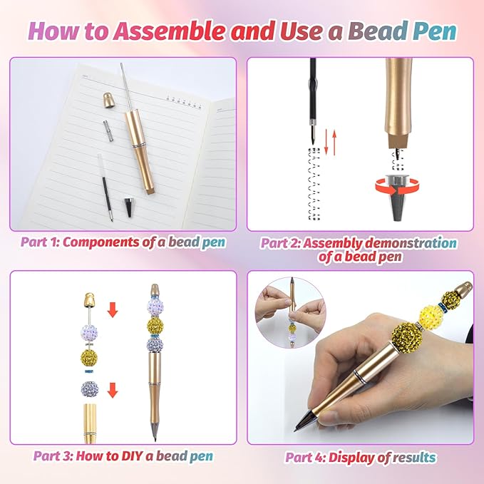 15 Pieces Beadable Pens - Beaded Pens Plastic Diy Black Ink Ballpoint Pens Bulk - Bead Pens Suitable For Teacher, Students, Office, School, Graduation Gift Supplies(Golden)