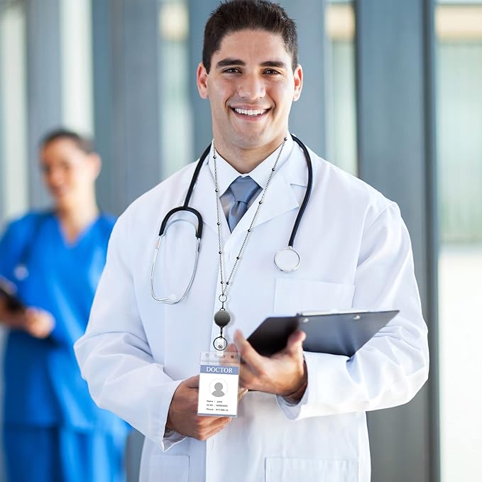 Retractable Badge Reel Lanyard with 2 Pieces ID Holder for Women, Fashion Beaded Chain Premium Stainless Steel Lanyard Necklace Water Resistant Name Badge Holder (Black)