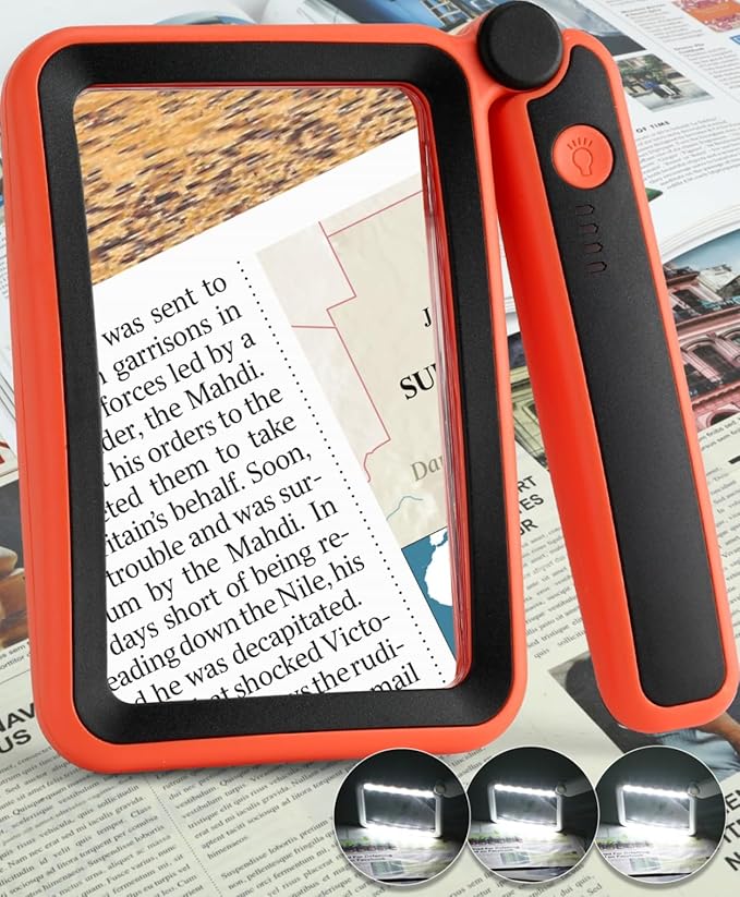 Magnifying Glass for Reading, Rechargeable 5X Large Page Magnifier with Light, Folding Handheld Dimmable Rectangle Lighted Magnifier for Reading Book Small Print for Seniors Low Vision, Orange-Black