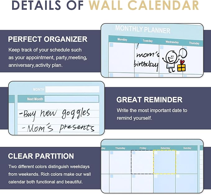 MAKELLO Dry Erase Calendar for Wall, Large White Board Calendar with Next Month for Office, Family, Kitchen and Bedroom, 36x24 inches