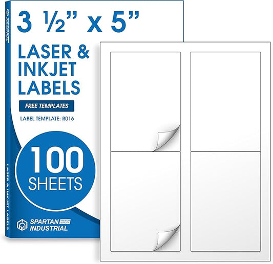 3 1/2" X 5" Matte White Printable Labels Compatible with Inkjet and Laser Printers - 100 Sheets, 400 Stickers for Shipping, Mailing, and Organization - Spartan Industrial