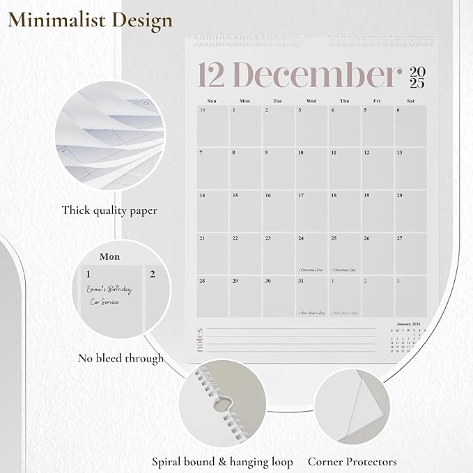 Makaplan Beige & Gray vertical Coil Wall Calendar 2025-18 Month Calendar January 2025 to June 2026, 11x13.5 Inches Sleek Modern Design with Spiral Twin-Wire Binding