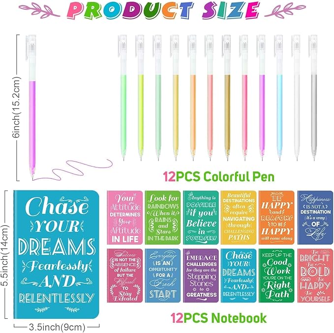 12 Pcs Mini Inspirational Notebooks Bulk with 12 Pcs Colorful Pens, Small Pocket Journal Notepads Set, Motivational Bulk Gifts for Women Men Teacher Student Kids, Fun School Office Supplies,3.5"x5.5"