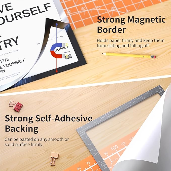 8Pack Magnetic Sign Holder 8.5 x 11 Wall Mount, Self Adhesive Display Magnetic Picture Frames Sheet With Strong Magnet Border for Window/Door/Fridge, Document Poster Paper Holders for Home Office Store, Silver