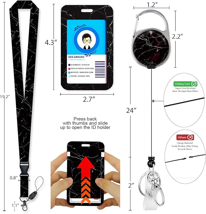 Black Marble Lanyards for Id Badges, Cute Badge Reel Heavy Duty with Carabiner Clip, Fashionable ID Badge Holder with Breakaway Lanyard, Teacher Nurse Office Gifts
