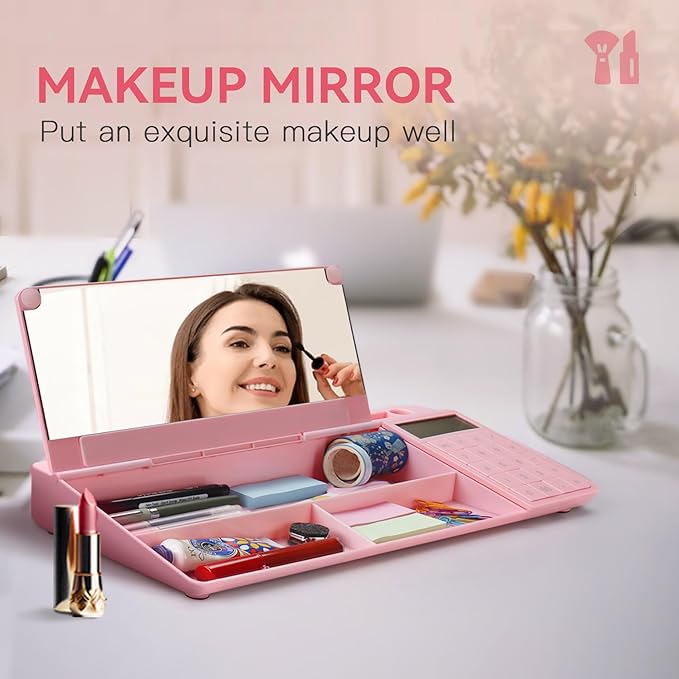 TOWON Desktop Whiteboard with Electronic Calculator and Mirror, Pink Desk Glass Whiteboard Organized, Glass Desktop Dry Erase Board with Accessories for Home Office Supply, Keyboard Dry Erase Notepad