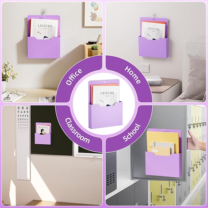 2 Pack Magnetic File Holder - Paper Holder, Pocket Organizer,Hanging Wall File Organizer Office Supplies Storage, Magazine Mail Organizer Case for Notebooks,Planners,Letter (Purple)