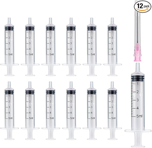 12PCS 5ML/CC Ink Filling Plastic Syringe Set with Bluent Stainless Needle Tip for Fountain Pen, Printer