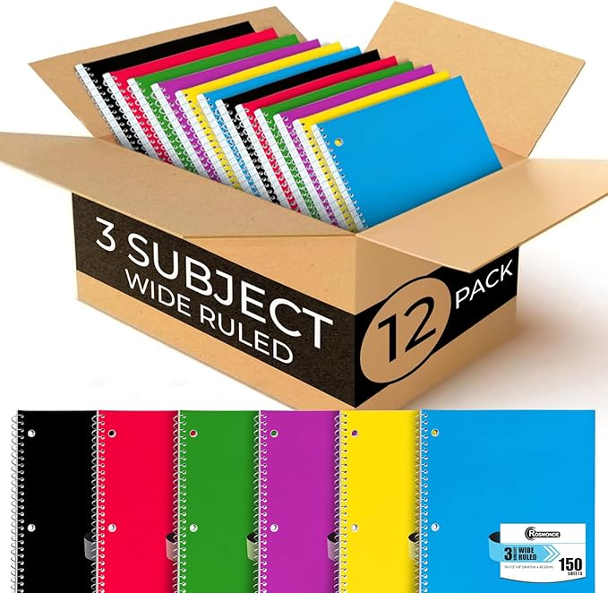 3 Subject Notebook Wide Ruled, 12 Pack, Long Lasting, Extra Pages - 300 Pages (150 Sheets), No-Bleed Thick Paper, 3 Hole Punched, 8x10-1/2, 3 Subject Spiral Notebook for School, Home & Office