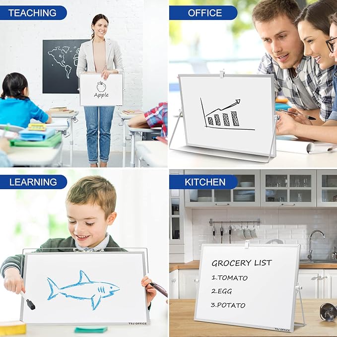 TSJ OFFICE Dry Erase White-Board - 16 X 12 Inches Double Sided Small Magnetic Whiteboard with Hooks for Wall, Portable Mini Desktop Whiteboard 360 Degrees Revolving Stand for Office, Home, School