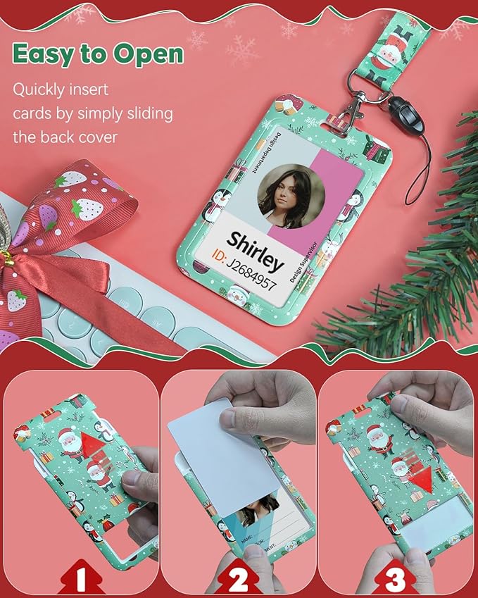 Uniclife Christmas Sliding Badge Holder Cartoon Santa Claus Hard ID Card Holder with Retractable Badge Reel Carabiner & Detachable Lanyard Strap Vertical Card Protector for Women Nurse Teacher Student