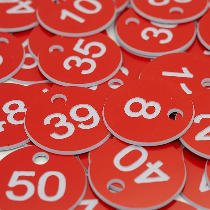 StayMax Plastic ID Number Tags Engraved Tags Key Tags Without Key Rings (1-50, Red)