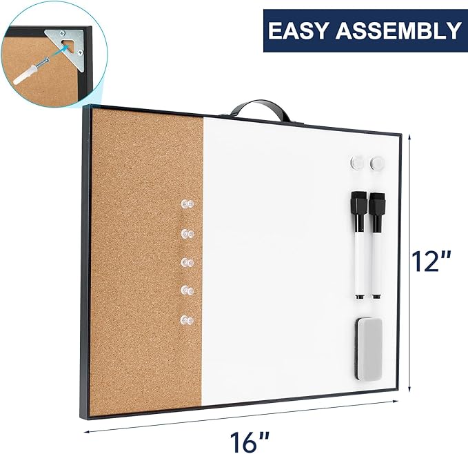 Small Cork Board Whiteboard Combo - 12" X 16" Portable Aluminum Black Framed Magnetic Dry Erase Board for Wall, Mini Bulletin CorkBoard with a Handle for Office, Home and School