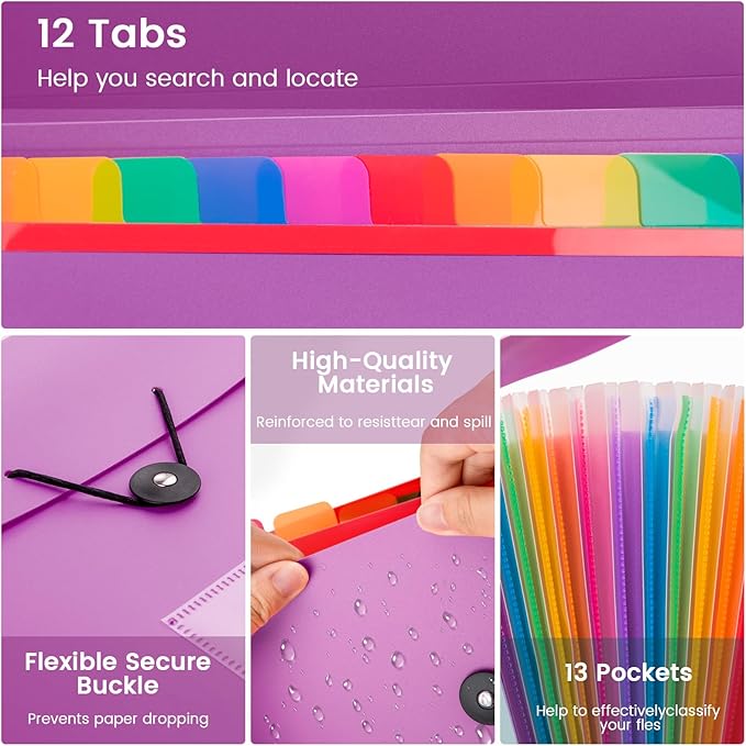 13 Pocket Expanding File Folder Accordian File Organizer, A4 Letter Size Paper Document Receipt Holder for School Office Supplies, Purple