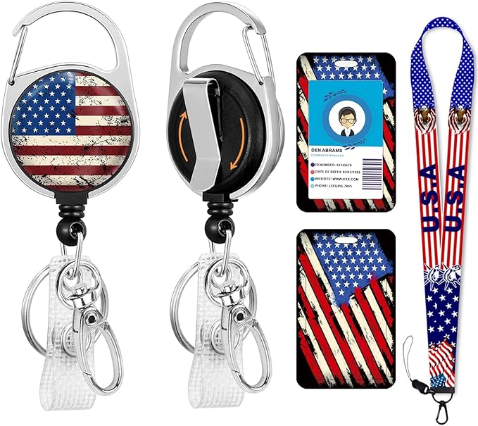 4th of July Patriotic Badge Reels Retractable with 360 Degrees Rotate Carabiner Clip Heavy Duty, American Flag ID Badge Holder Lanyard, Nurse Doctor Office Teacher School Supplies Gifts