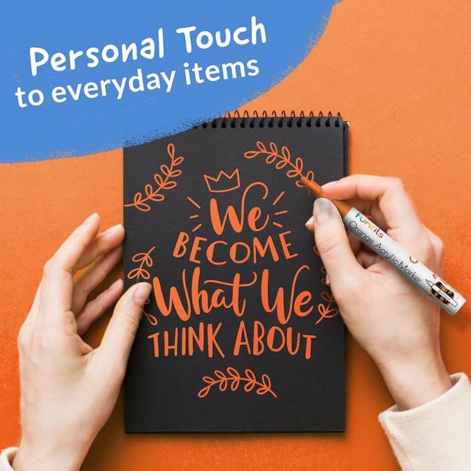 5 Orange Paint Pens - Extra Fine Tip, Thin & Jumbo (1mm, 3mm, 6mm, 10mm, 15mm) - Acrylic Orange Paint Marker for Metal, Fabric Pen, Plastic, Canvas, Wood, Rock Painting - Water-based Ink