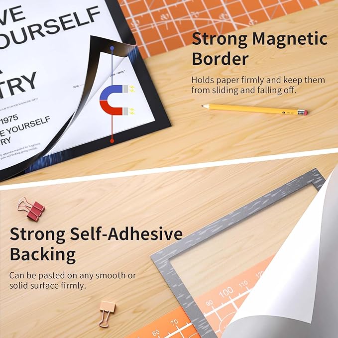 8Pack Magnetic Sign Holder 8.5 x 11 Wall Mount, Self Adhesive Display Magnetic Picture Frames Sheet With Strong Magnet Border for Window/Door/Fridge, Document Poster Paper Holders for Home Office Store, Black