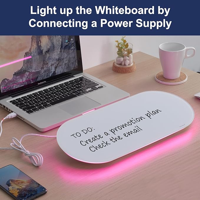 TSJ OFFICE Glass Desktop Whiteboard - 17 X 7 Inches Small Dry Erase Board with Pink Light, Glass White Board Surface Notepad with 1 Drawer, Desk Organizers for Office, Home, School Supplies