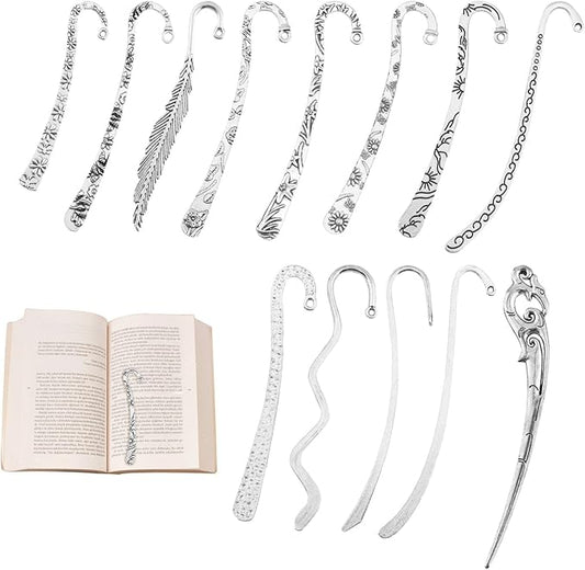 13pcs/Set Metal Bookmark for Women Men, Hairpin Hook Antique Tibetan Silver Carved Hook Bookmarks with Loop, Unique Charm Book Marker for Book Lovers Unique Gift
