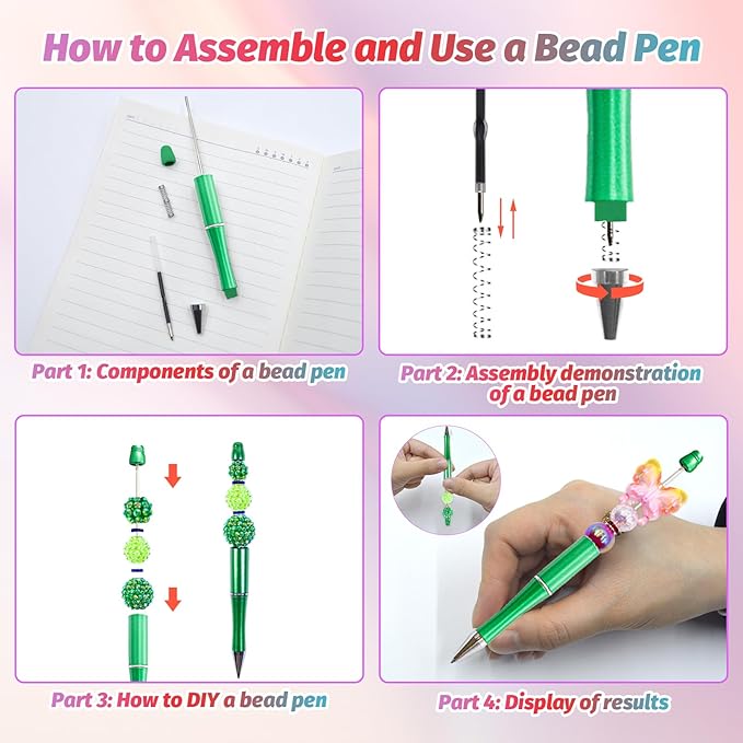 15 Pieces Beadable Pens - Beaded Pens Plastic Diy Black Ink Ballpoint Pens Bulk - Bead Pens Suitable For Teacher, Students, Office, School, Graduation Gift Supplies(Green)