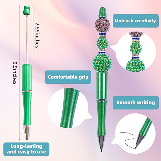 15 Pieces Beadable Pens - Beaded Pens Plastic Diy Black Ink Ballpoint Pens Bulk - Bead Pens Suitable For Teacher, Students, Office, School, Graduation Gift Supplies(Green)