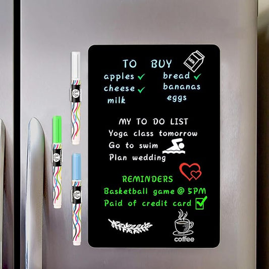 Magnetic Black Dry Erase Board Sheet 12" x 8" for Fridge, Easy to Read with 3 Bright Colors Chalk Markers, Small Refrigerator Magnet Whiteboard for Family Planner Grocery List