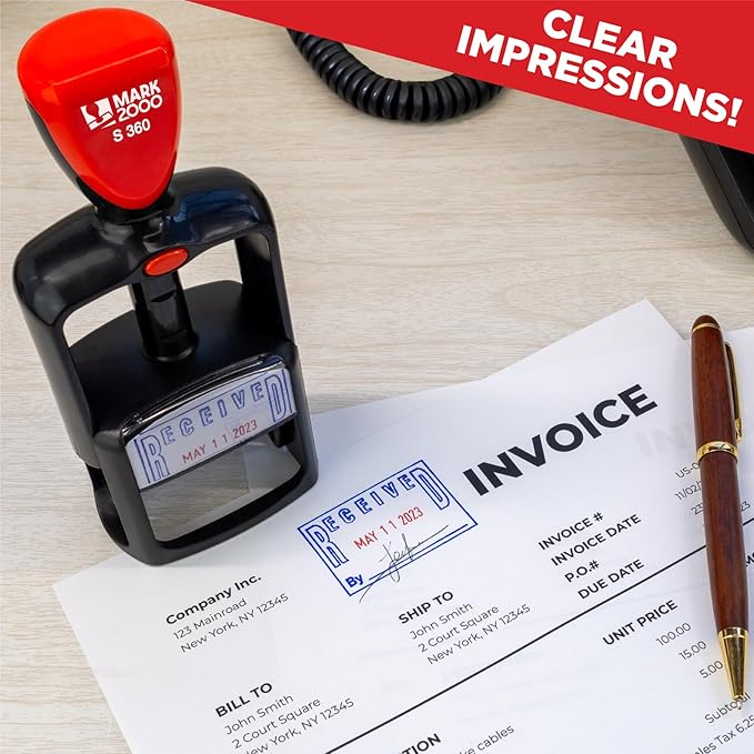 Self-Inking Rubber Date Office Stamp with Entered Phrase - Blue Ink & Date Red Ink - 12-Year Band