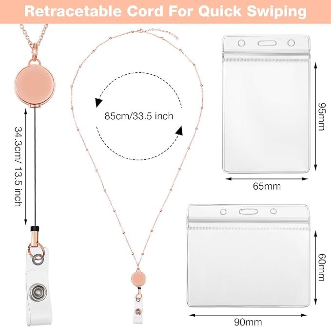 Outus 2 Pieces Badge Lanyard with ID Holders Stainless Steel Badge Holders Necklace Retractable Reel Clip Chain Water Resistant Name(Rose Gold, Silver)
