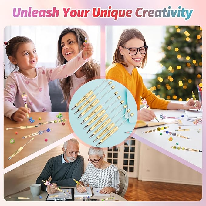 15 Pieces Beadable Pens - Beaded Pens Plastic Diy Black Ink Ballpoint Pens Bulk - Bead Pens Suitable For Teacher, Students, Office, School, Graduation Gift Supplies(Golden)